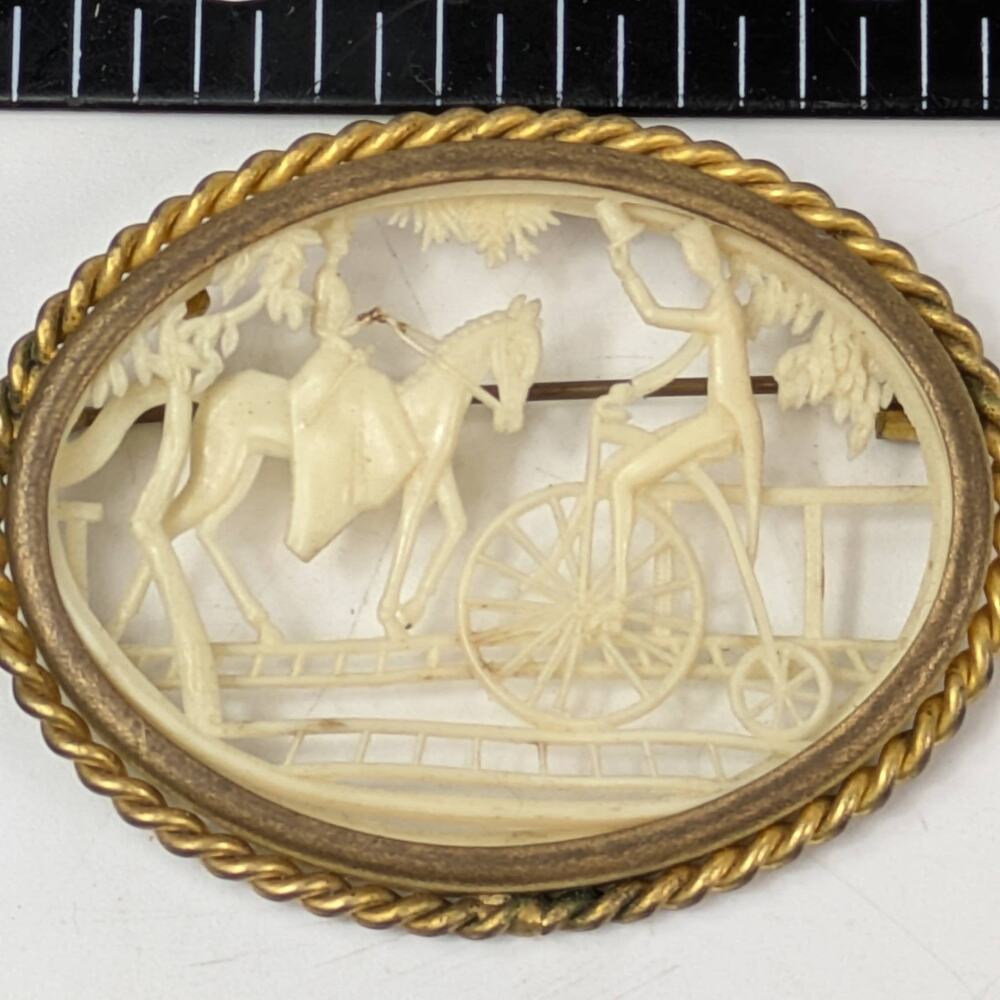 Vtg Depose France Carved Celluloid Brooch Horse & Bicycle Scene Gold Rope Frame